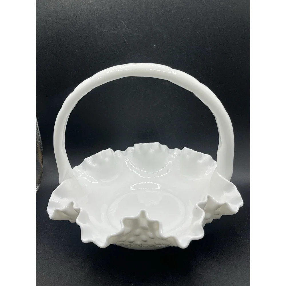Fenton White Hobnail‎ Glass Basket w/ Handle - 7